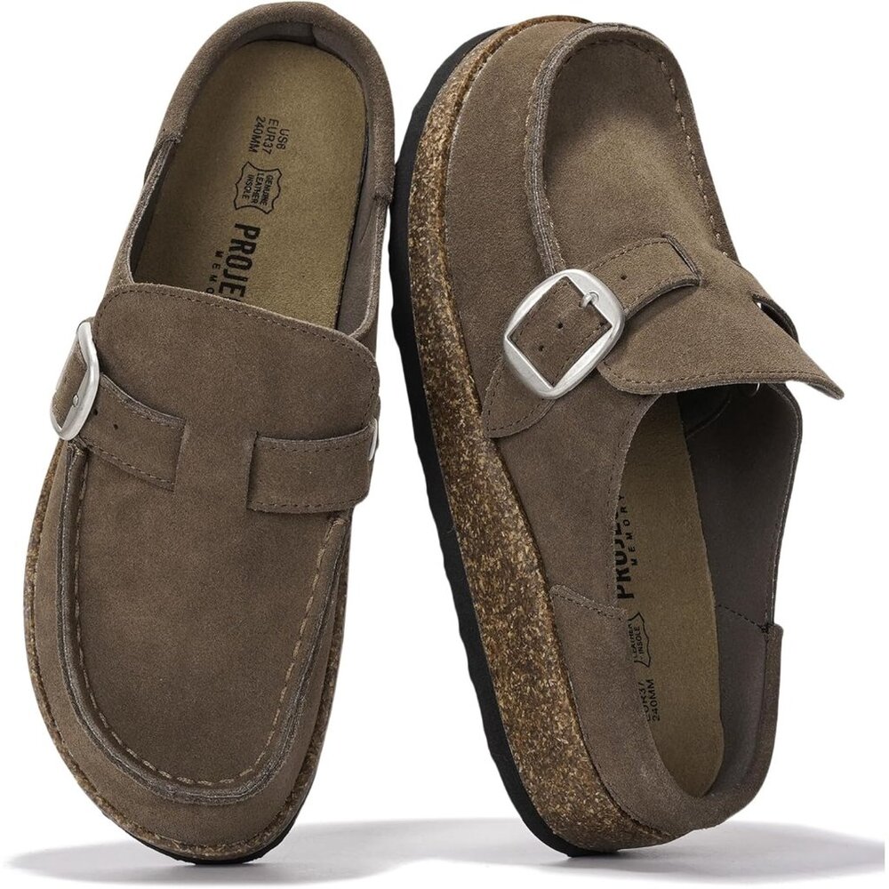 〽️Women's Moccasin-Style Clog Mules Taupe Leather Slip-on Closed Toe Casual Shoe
